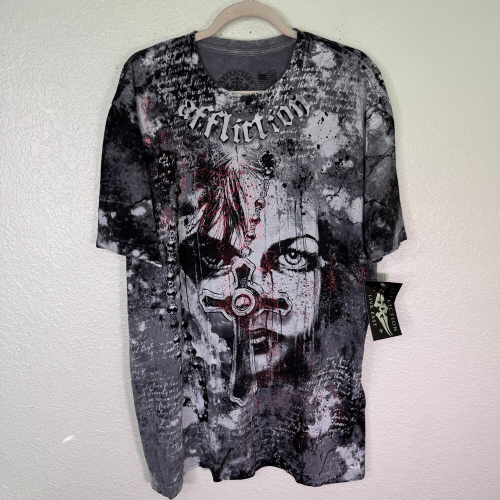 Affliction Shirt Mens 3XL Rosary Cross Women Graphic Tee Y2K Grunge Punk NEW 3X